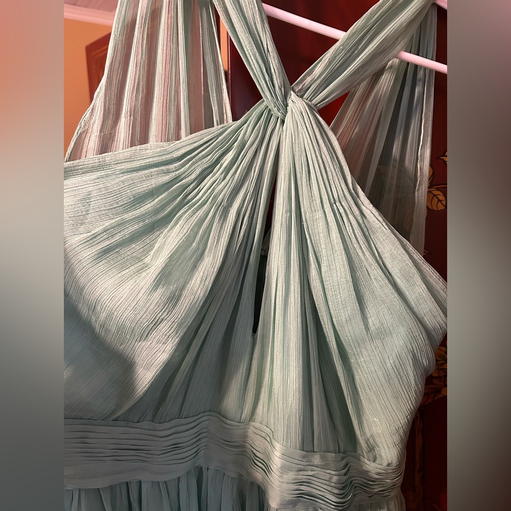 Halston Heritage mint green chiffon long dress.